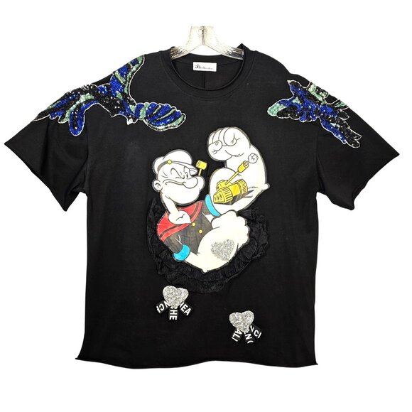 Popeye Sequin Applique Graphic Tee Y2K Maximalist Cartoon Shirt Sz M/L Abbandono - Picture 2 of 10